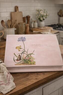 Upcycled Wood Tablet or Cookbook Stand – Pink Floral Decor, Vintage Garden Art